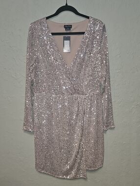 City Chic Silver/Nude Sequin Sleeved Wrap Dress